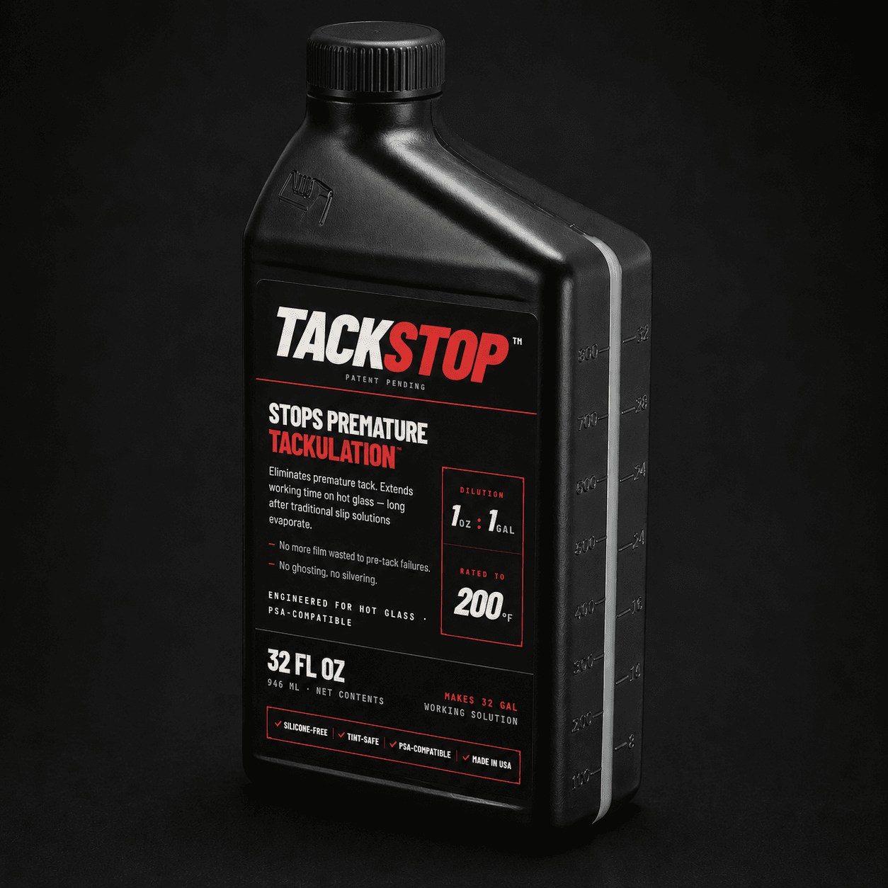 TackStop 32 oz black bottle with red and white label